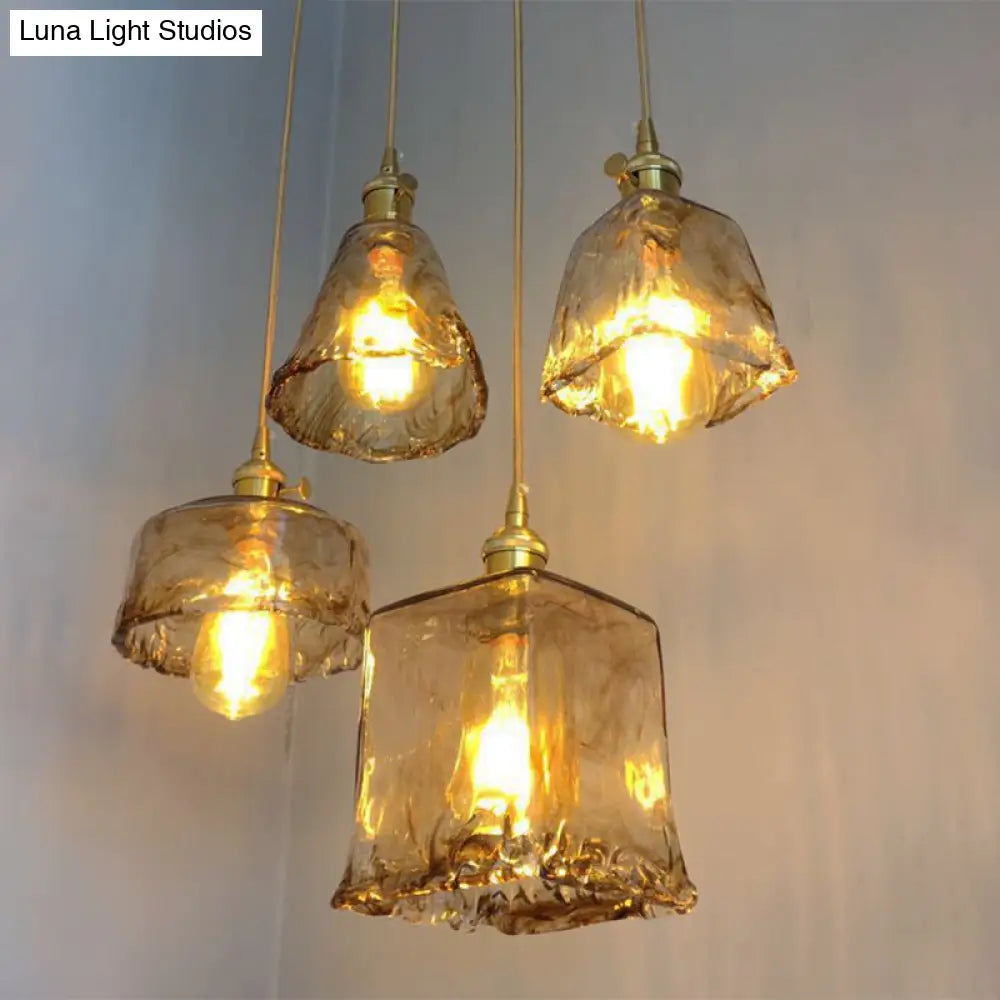 Antique Shaded Pendant Light - 1-Light Brown Glass Hanging In Brass For Dining Room Decor