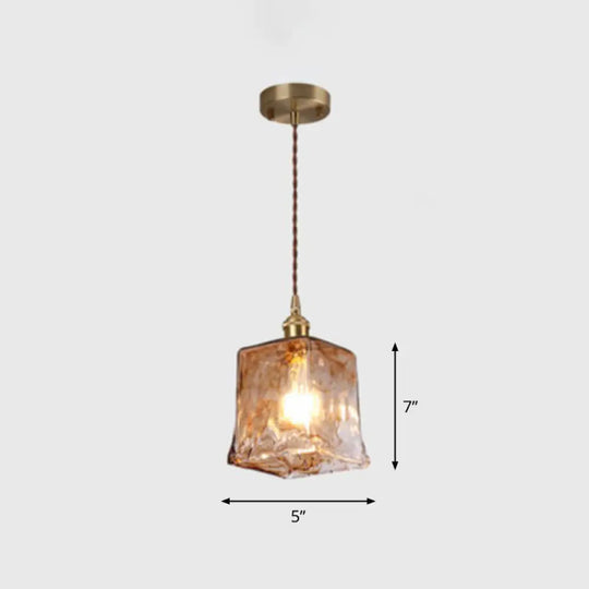 Antique Shaded Pendant Light - 1-Light Brown Glass Hanging In Brass For Dining Room Decor / A