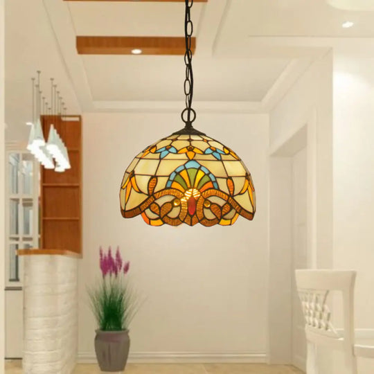 Antique Stained Glass Flower Pendant Light Fixture - Beige Suspension / 12’