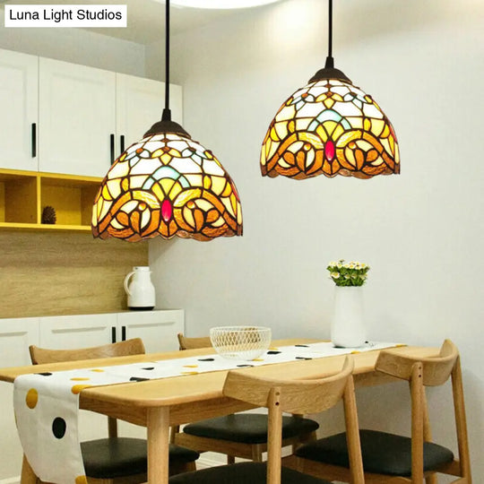 Beige Antique Stained Glass Pendant Light With Floral Shade
