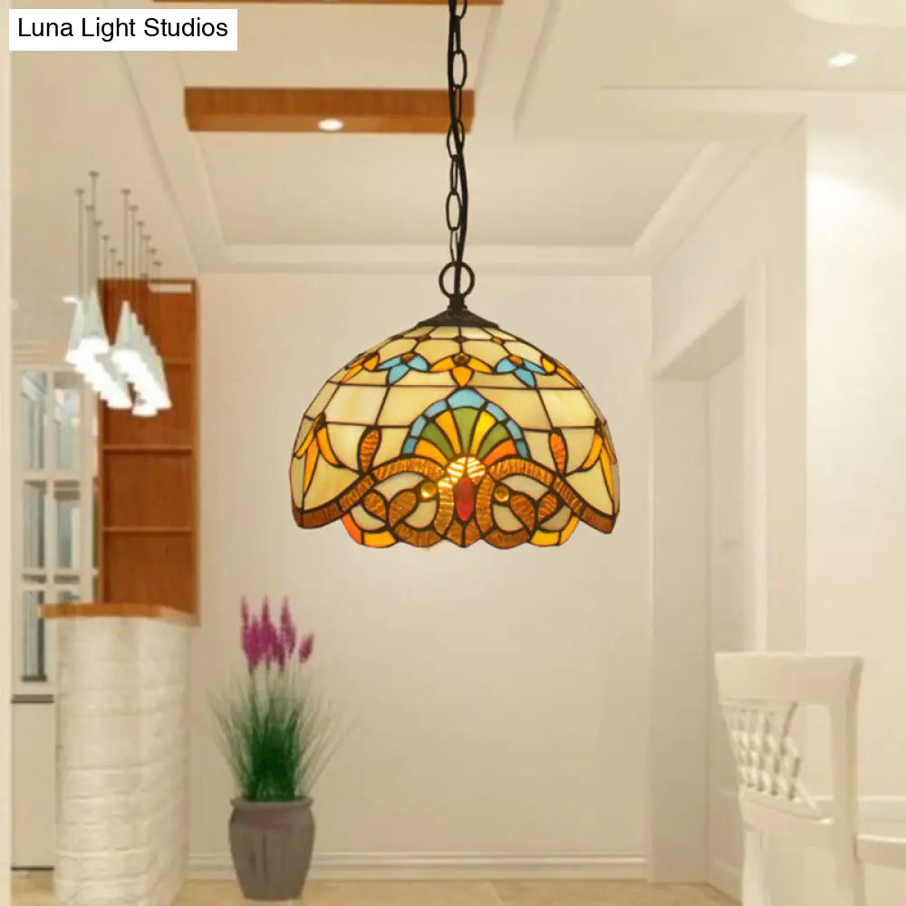 Beige Antique Stained Glass Pendant Light With Floral Shade / 12