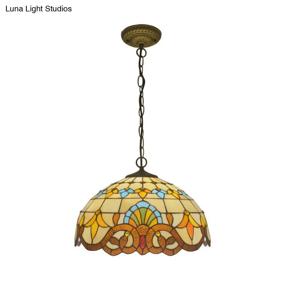 Beige Antique Stained Glass Pendant Light With Floral Shade