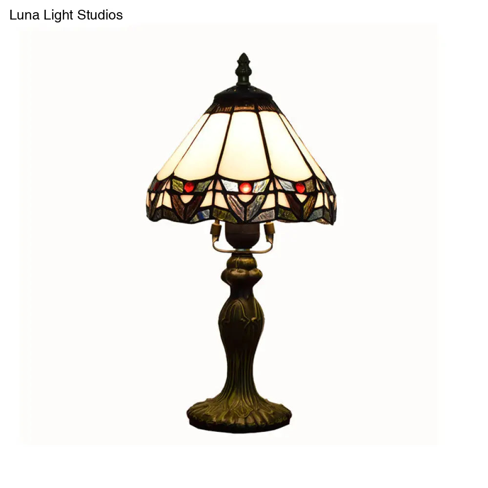 Antique Stained Glass White Table Lamp With Conical Shade & 1 Head - Elegant Nightstand Lighting For