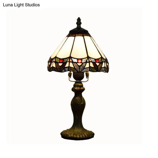 Antique Stained Glass White Table Lamp With Conical Shade & 1 Head - Elegant Nightstand Lighting For