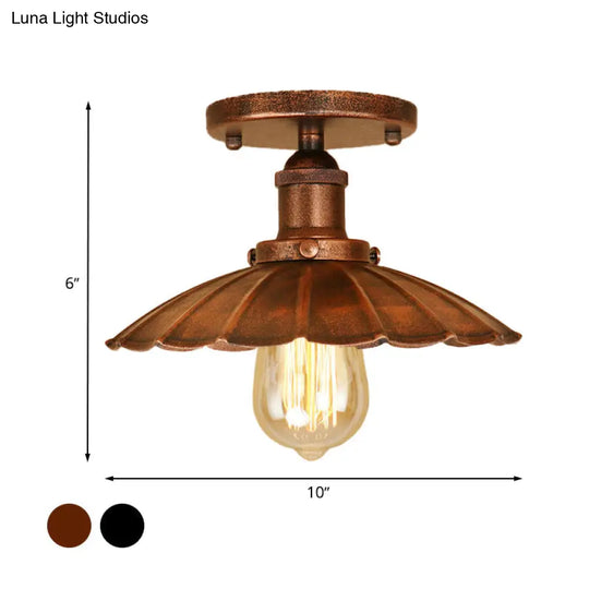 Antique Style 1-Head Iron Semi Flush Light With Rust/Black Scalloped Shade - Balcony Mount Lighting