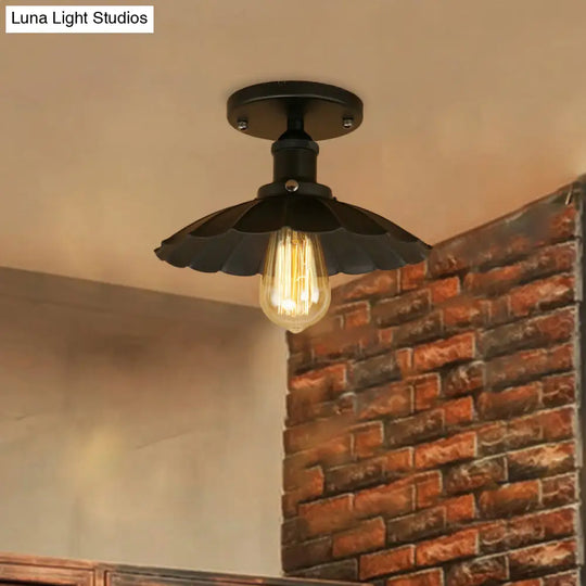 Antique Style 1-Head Iron Semi Flush Light With Rust/Black Scalloped Shade - Balcony Mount Lighting