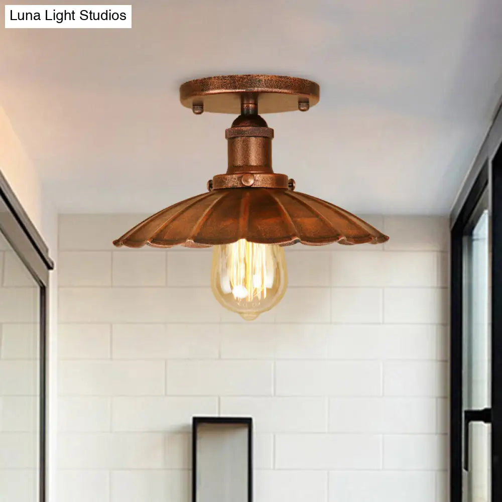 Antique Style 1-Head Iron Semi Flush Light With Rust/Black Scalloped Shade - Balcony Mount Lighting