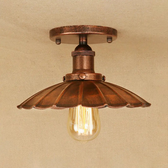 Antique Style 1-Head Iron Semi Flush Light With Rust/Black Scalloped Shade - Balcony Mount Lighting