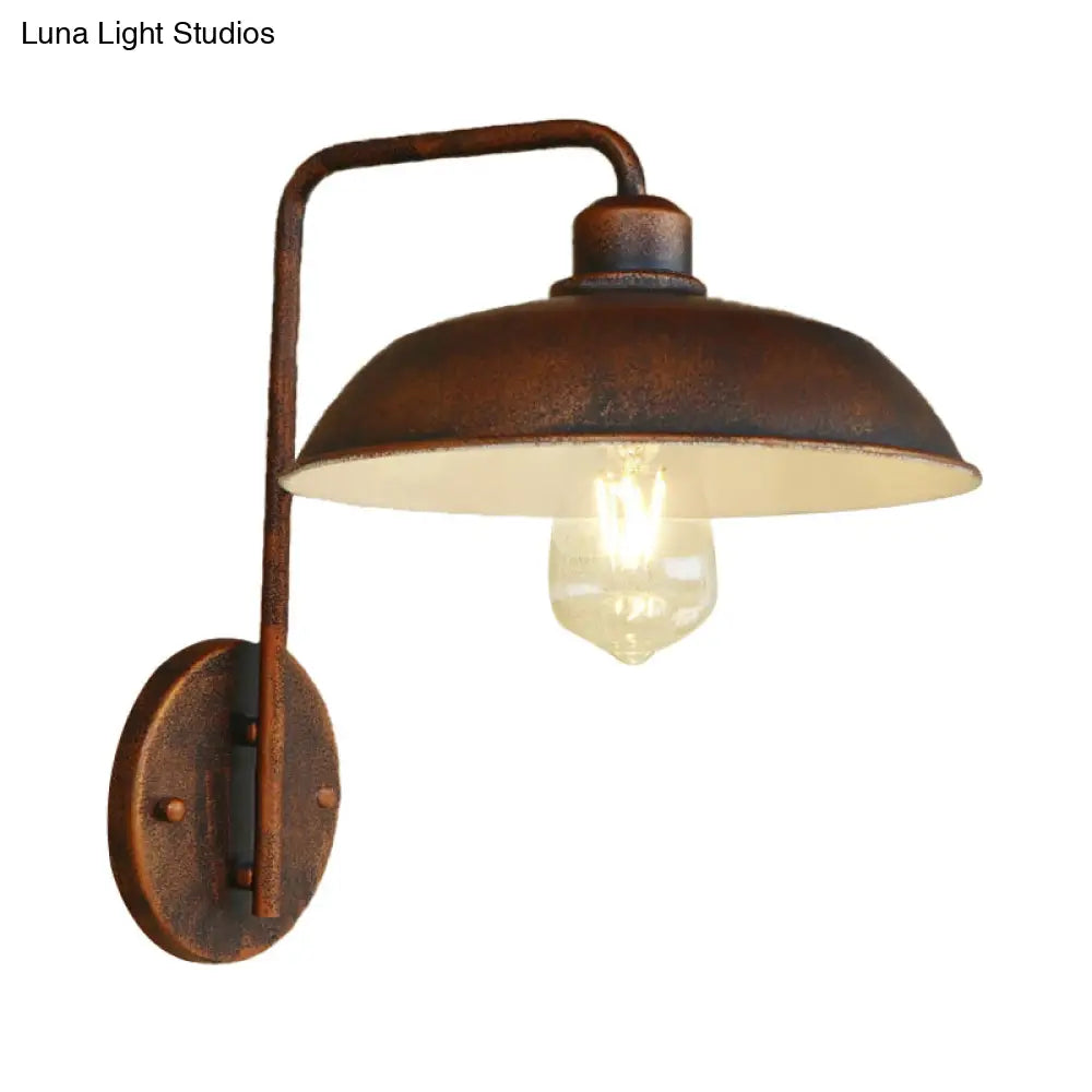 Antique Style 1-Light Barn Wall Sconce In Black/Rust Metallic Curved Arm For Hallway