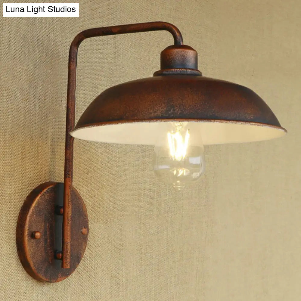 Antique Style 1-Light Barn Wall Sconce In Black/Rust Metallic Curved Arm For Hallway