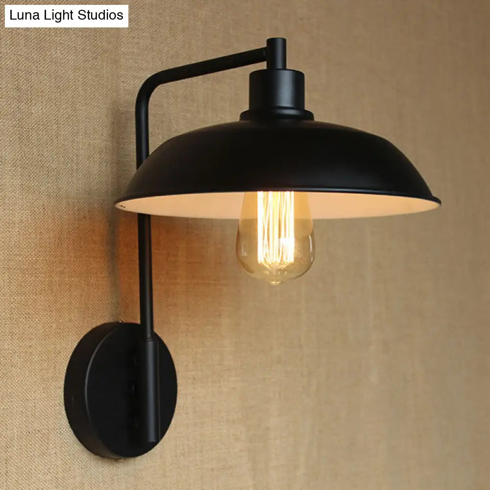 Antique Style 1-Light Barn Wall Sconce In Black/Rust Metallic Curved Arm For Hallway