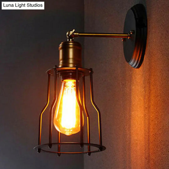 Antique Style 1-Light Black Iron Wall Mount Light With Cage Shade For Corridor Lighting