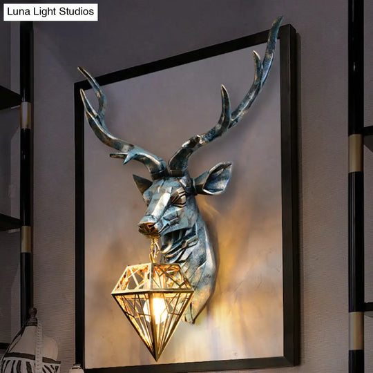 Antique Style 1-Light Resin Deer Wall Sconce With Brass Diamond Shade 14.5/19.5 Wide