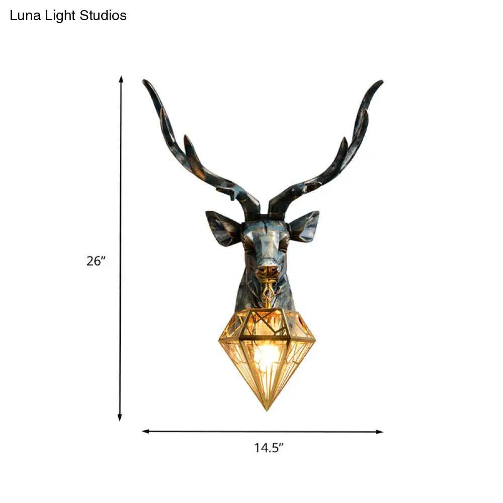 Antique Style 1-Light Resin Deer Wall Sconce With Brass Diamond Shade 14.5/19.5 Wide