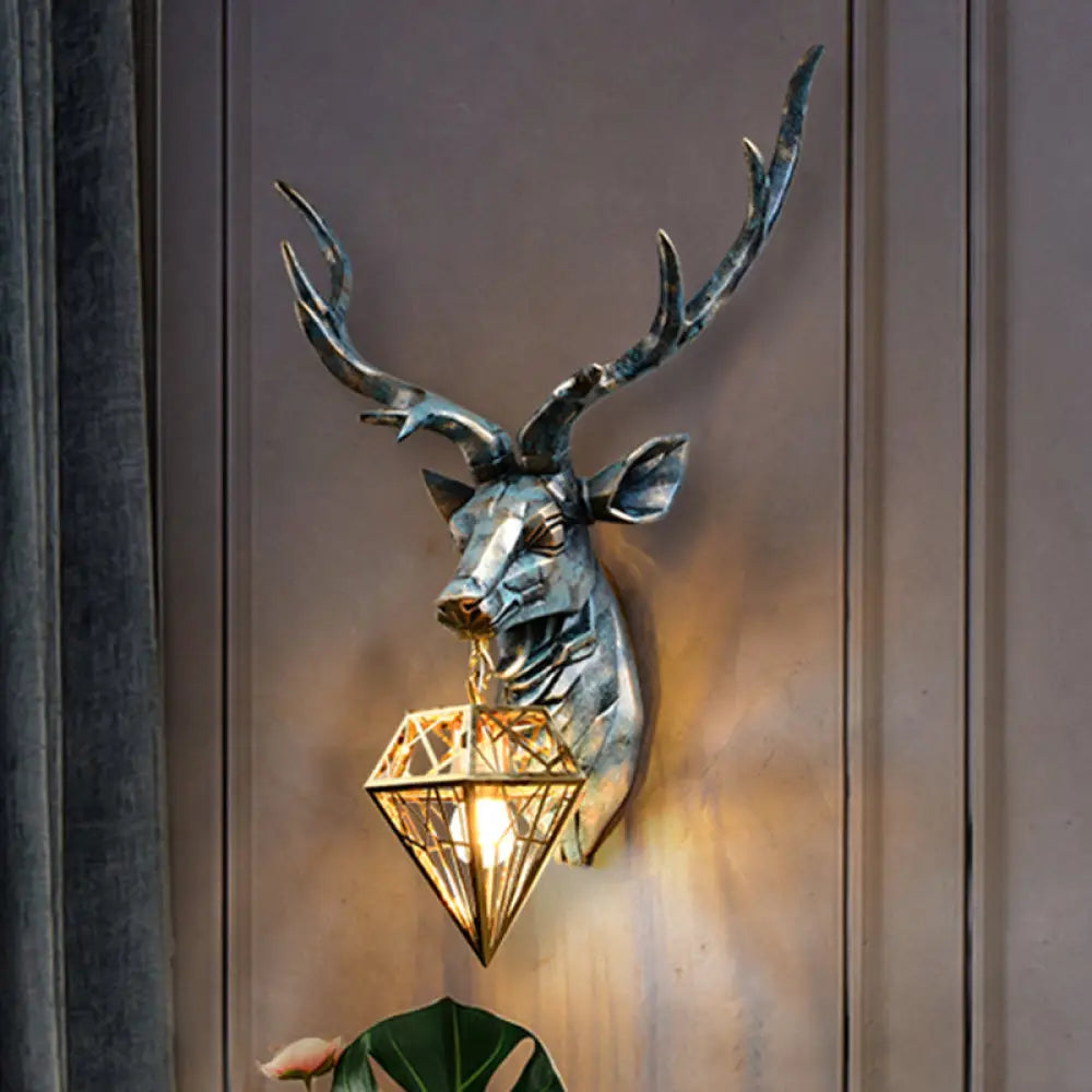 Antique Style 1-Light Resin Deer Wall Sconce With Brass Diamond Shade 14.5/19.5 Wide / 14.5