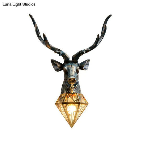 Antique Style 1-Light Resin Deer Wall Sconce With Brass Diamond Shade 14.5/19.5 Wide