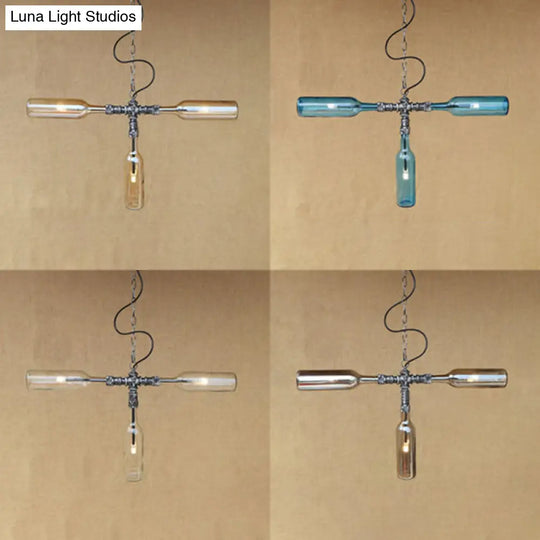 Antique Style 3-Light Pendant Lamp With Blue/Clear Glass Bottle Shades - For Restaurants And Bars