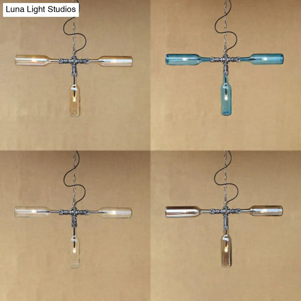 Antique Style Glass 3-Light Chandelier With Blue/Clear Bottle Shades - Restaurant Pendant Lamp