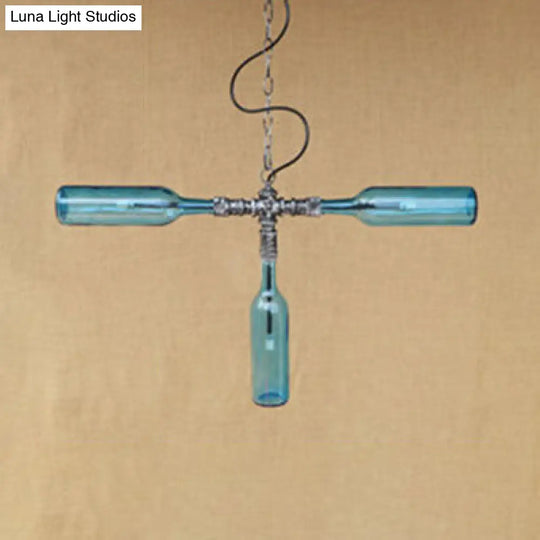 Antique Style Glass 3-Light Chandelier With Blue/Clear Bottle Shades - Restaurant Pendant Lamp