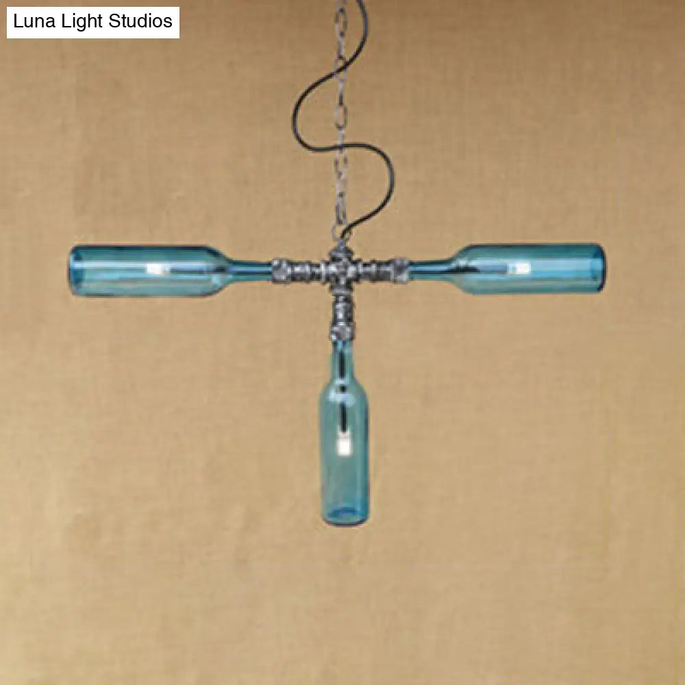 Antique Style Glass 3-Light Chandelier With Blue/Clear Bottle Shades - Restaurant Pendant Lamp Blue