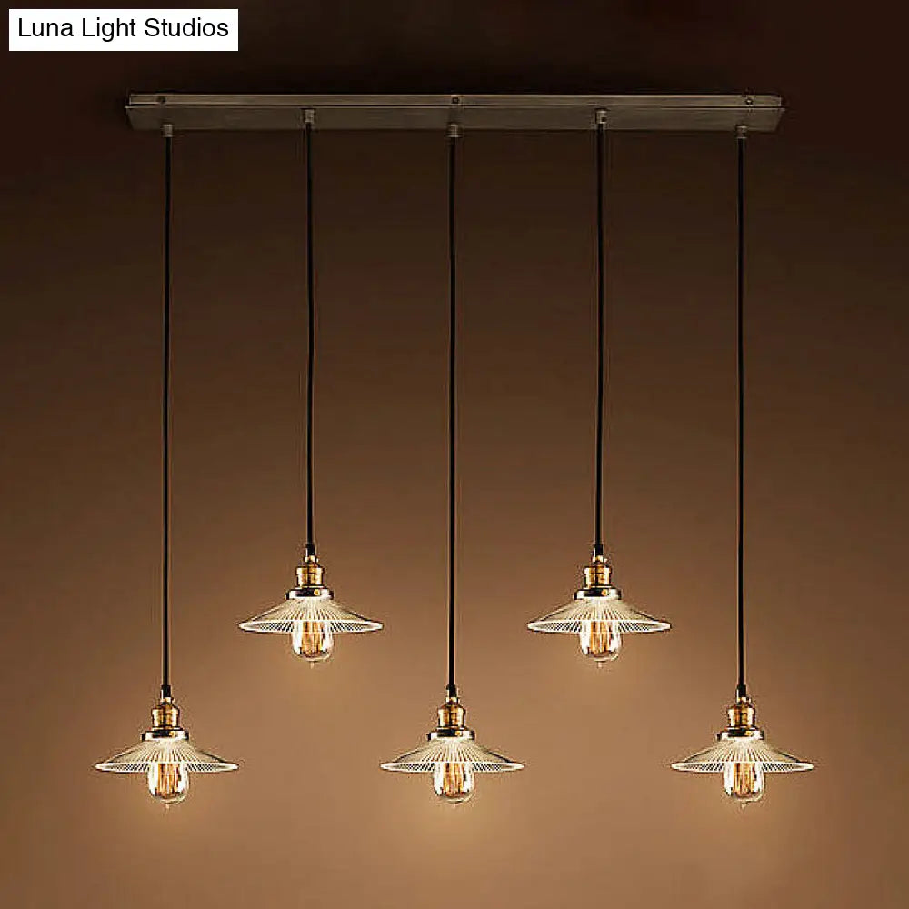Antique Style Aged Brass Cone Pendant Light With Ribbed Clear Glass - 5 Lights Linear Canopy