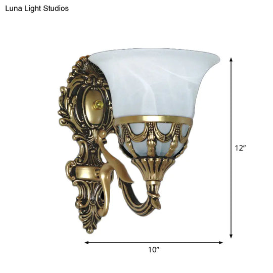 Antique Style Alabaster Glass Wall Sconce Light Fixture - Bronze Trumpet Design