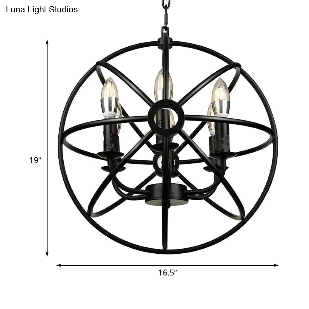 Vintage Black Metal Ball Cage Pendant Lighting For Dining Room - 4/5/6/8 Lights Antique Candle Style