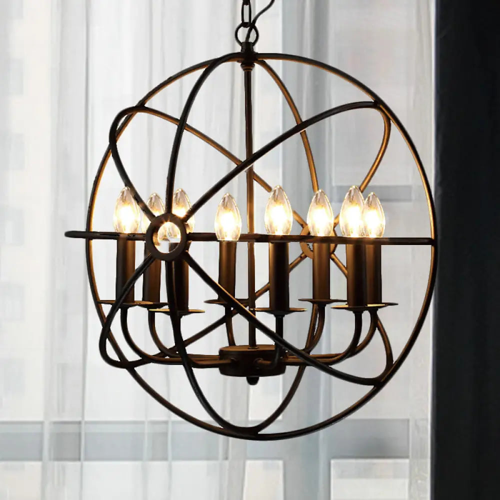 Antique Style Ball Cage Pendant Lighting - 4/5/6/8 Lights Black Metal Light Fixture For Dining Room