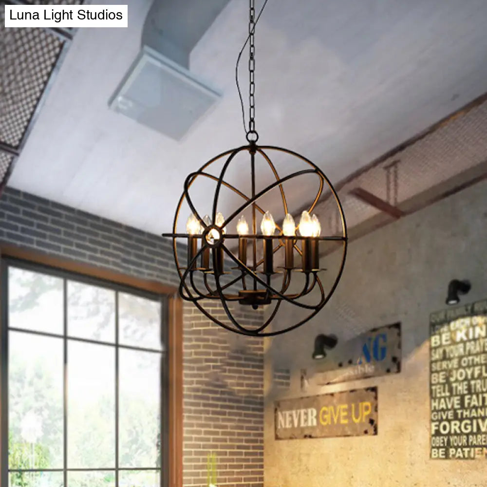 Vintage Black Metal Ball Cage Pendant Lighting For Dining Room - 4/5/6/8 Lights Antique Candle Style