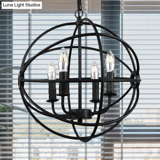 Vintage Black Metal Ball Cage Pendant Lighting For Dining Room - 4/5/6/8 Lights Antique Candle Style