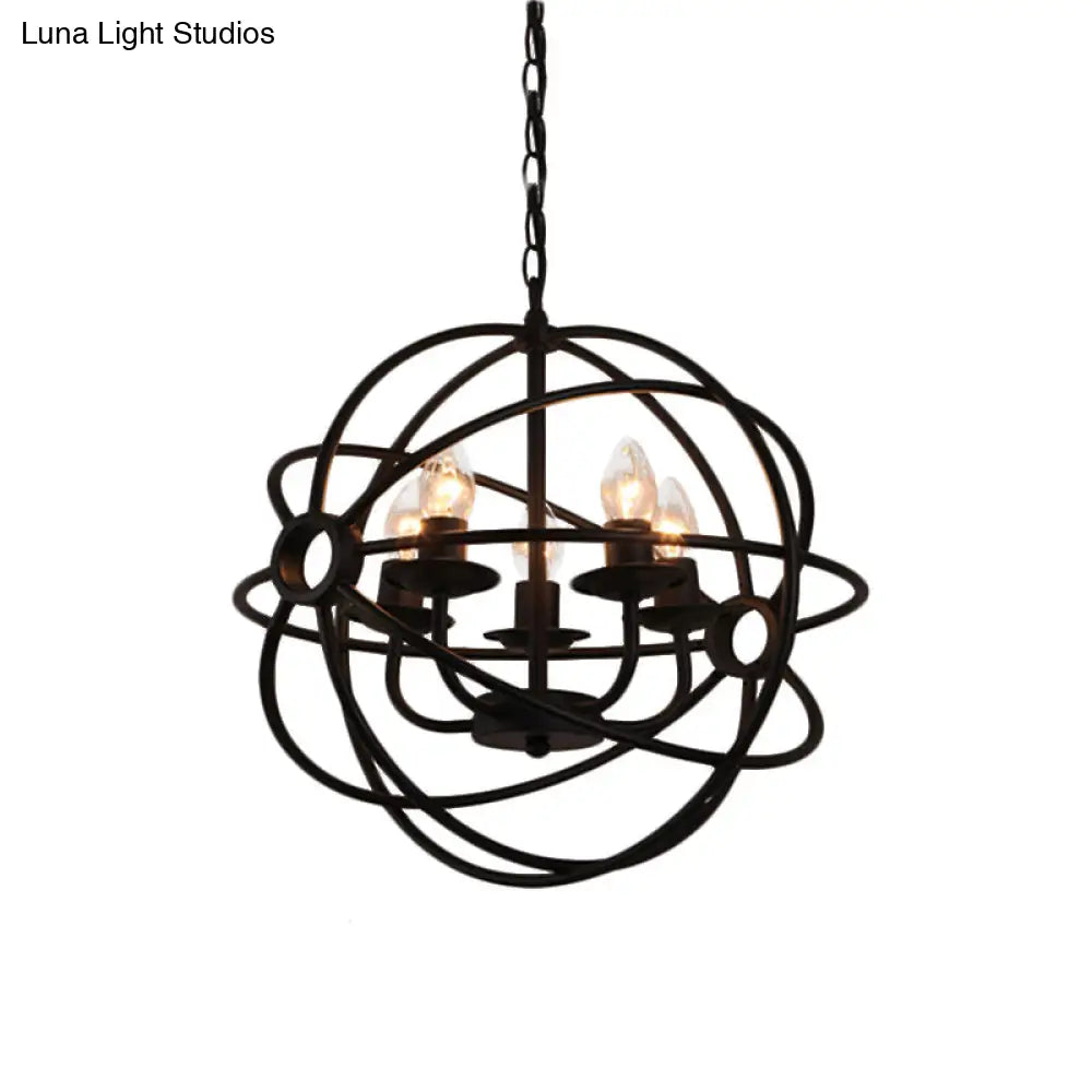 Vintage Black Metal Ball Cage Pendant Lighting For Dining Room - 4/5/6/8 Lights Antique Candle Style