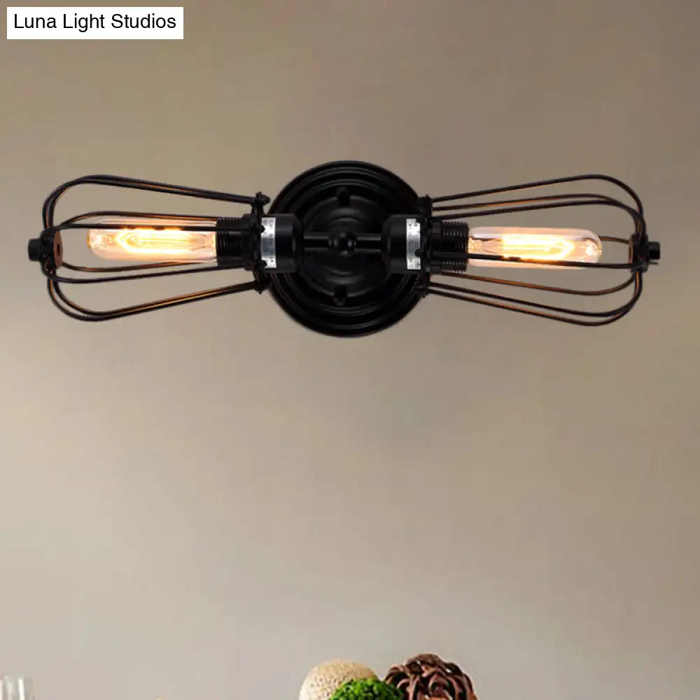 Antique Style Black/Bronze Caged Sconce Light - 2-Light Wrought Iron Mini Wall Lamp For Dining Room