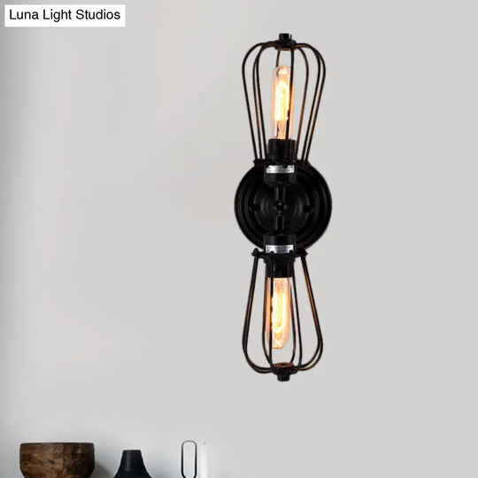 Antique Style Black/Bronze Caged Sconce Light - 2-Light Wrought Iron Mini Wall Lamp For Dining Room