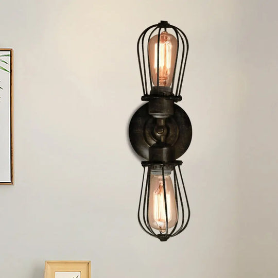 Antique Style Black/Bronze Caged Sconce Light - 2-Light Wrought Iron Mini Wall Lamp For Dining Room