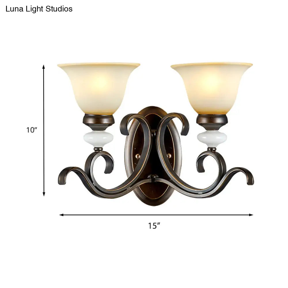 Antique Style Black Frosted Glass Wall Sconce With Curvy Arm - Elegant 1/2-Light Bell Light For