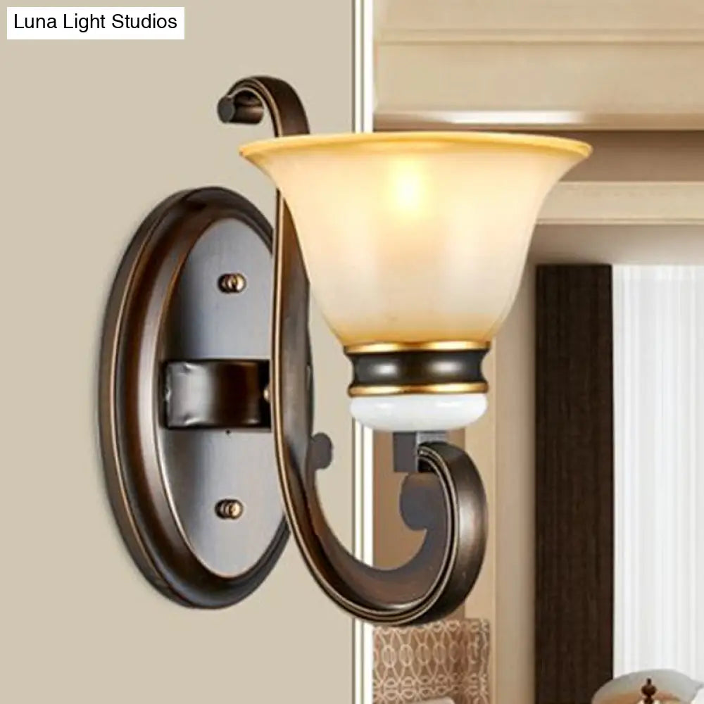 Antique Style Black Frosted Glass Wall Sconce With Curvy Arm - Elegant 1/2-Light Bell Light For