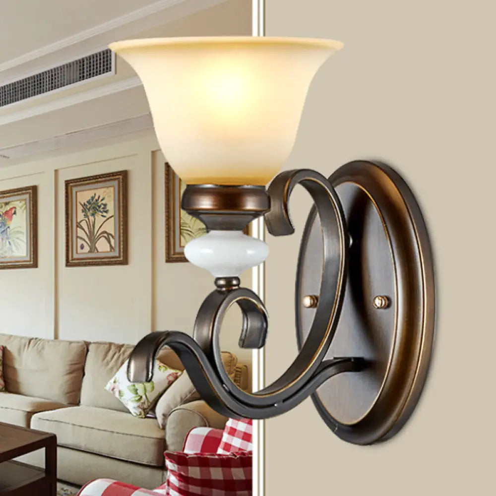 Antique Style Black Frosted Glass Wall Sconce With Curvy Arm - Elegant 1/2-Light Bell Light For