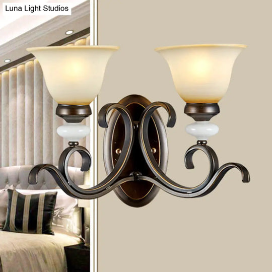 Antique Style Black Frosted Glass Wall Sconce With Curvy Arm - Elegant 1/2-Light Bell Light For