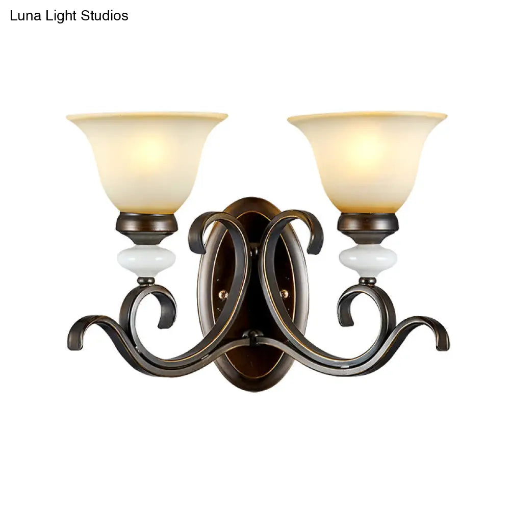 Antique Style Black Frosted Glass Wall Sconce With Curvy Arm - Elegant 1/2-Light Bell Light For