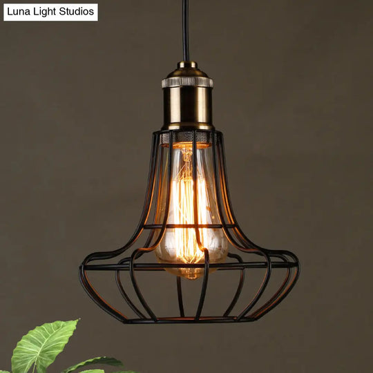 Antique Style Black Head Vase Cage Pendant Light For Bar With Metallic Finish 6’/7.5’ Width