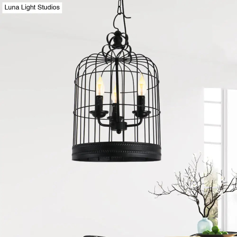 Antique Style Iron Pendant Light With Black Birdcage Shade And 3 Candle Design Lights For