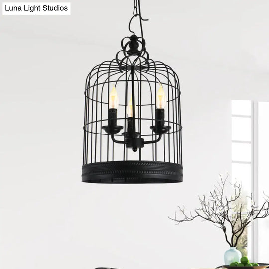 Antique Style Iron Pendant Light With Black Birdcage Shade And 3 Candle Design Lights For