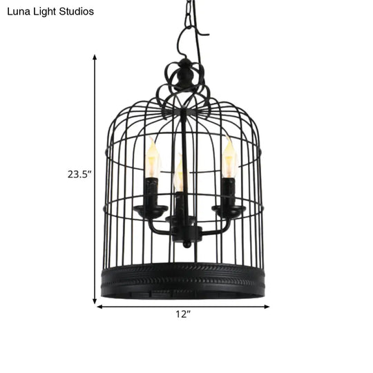 Antique-Style Black Iron Birdcage Pendant Light With 3 Lights - Restaurant Ceiling Fixture Candle