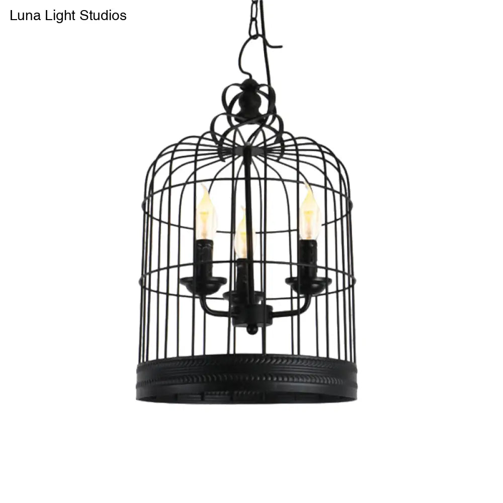 Antique-Style Black Iron Birdcage Pendant Light With 3 Lights - Restaurant Ceiling Fixture Candle