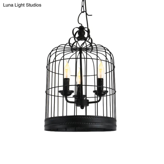 Antique-Style Black Iron Birdcage Pendant Light With 3 Lights - Restaurant Ceiling Fixture Candle