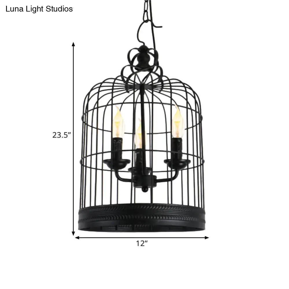 Antique Style Iron Pendant Light With Black Birdcage Shade And 3 Candle Design Lights For