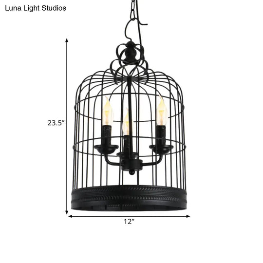 Antique Style Iron Pendant Light With Black Birdcage Shade And 3 Candle Design Lights For