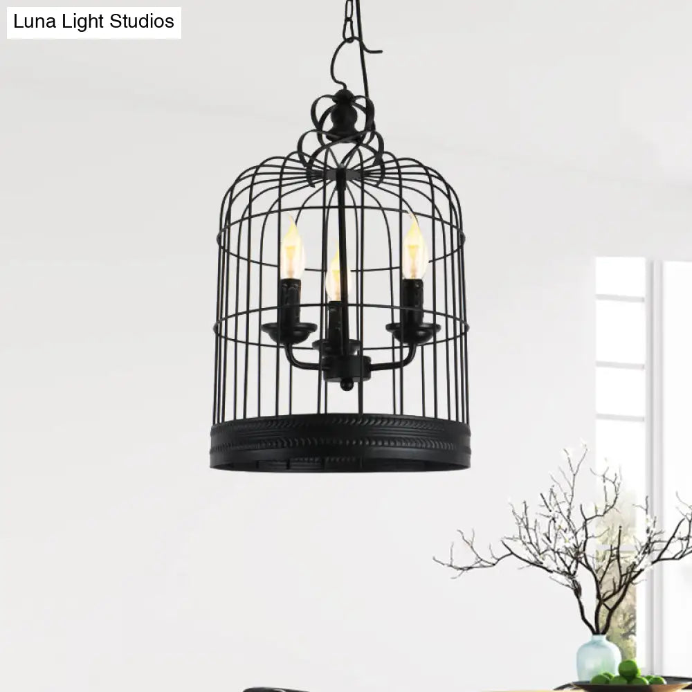 Antique-Style Black Iron Birdcage Pendant Light With 3 Lights - Restaurant Ceiling Fixture Candle