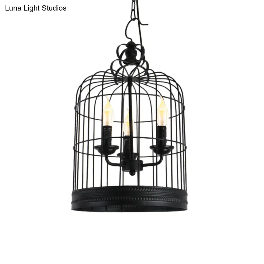 Antique Style Iron Pendant Light With Black Birdcage Shade And 3 Candle Design Lights For