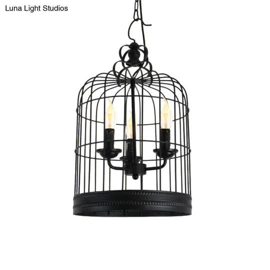 Antique Style Iron Pendant Light With Black Birdcage Shade And 3 Candle Design Lights For